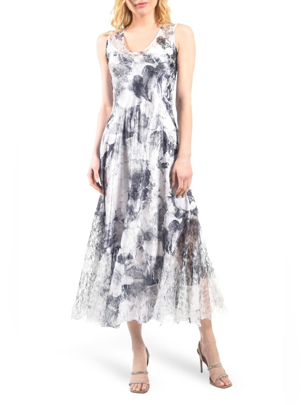 Komarov Lace-Up Back Charmeuse Sleeveless Maxi Dress Watercolor Floral Large
